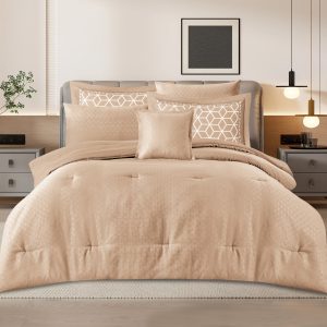 طقم لحاف كوين فاخر 7 قطع نفر ونص يناسب أسرة 140 و150 و160 سم – ألوان أنيقة وخامات ناعمة