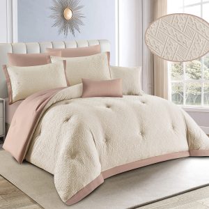 مفرش نفرين 8 قطع ساده وجهين مع نقش بارز مقاس كبير 240×260 مع تكاية جاهزة وحشوة فاخرة من متجر مفرشكوم رصاصي غامق